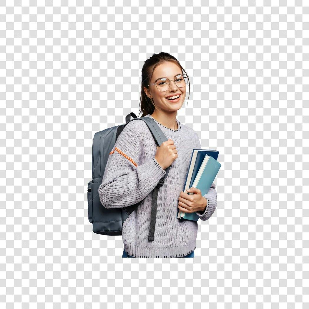 Imagem para Educação Estudante Feliz Mochila Livros Óculos Lilás PNG com fundo transparente