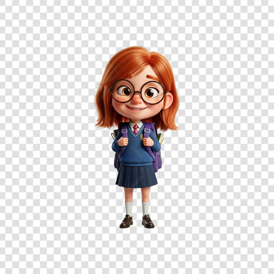 Ilustração 3D Menina Estudante Ruiva Óculos Uniforme Azul Roxo Volta às Aulas PNG com fundo transparente