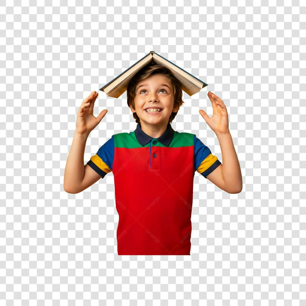 Foto Menino Estudante Feliz Polo Colorida Livro na Cabeça PNG com fundo transparente