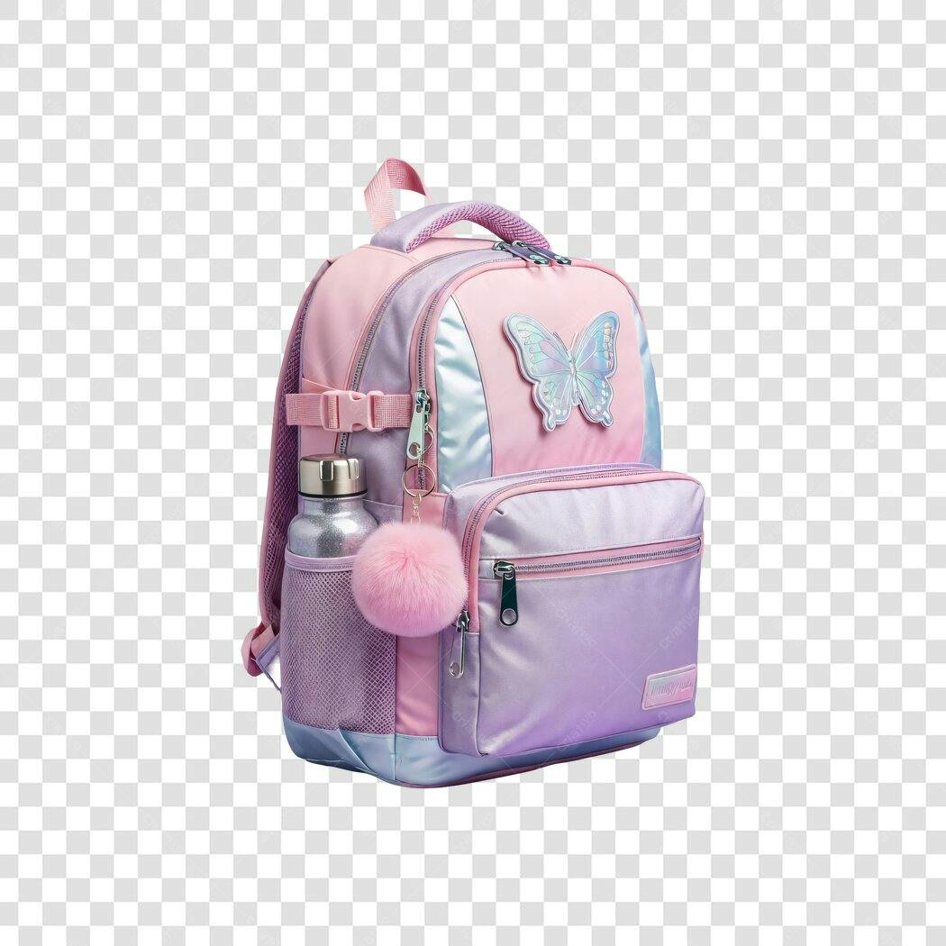 Mochila infantil feminina rosa lilás com borboleta e pompom PNG com fundo transparente