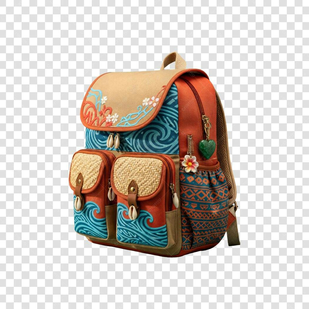 Mochila de viagem boho chic com estampa tribal e conchas PNG com fundo transparente