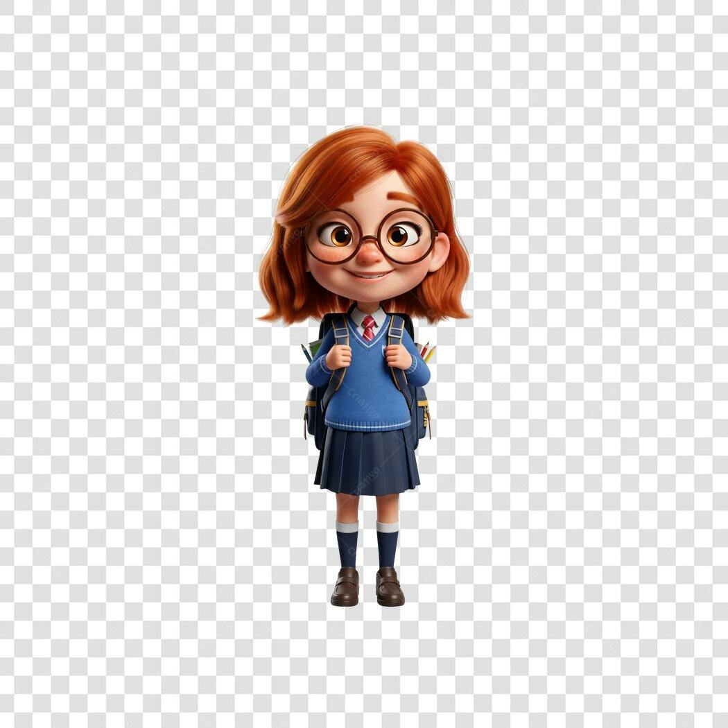 Personagem Menina Estudante Ruiva Óculos Uniforme Azul Volta às Aulas PNG com fundo transparente