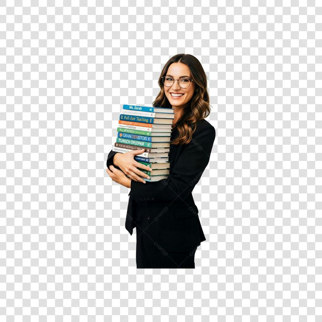 Mulher Professora Feliz com Livros para Educação PNG com fundo transparente