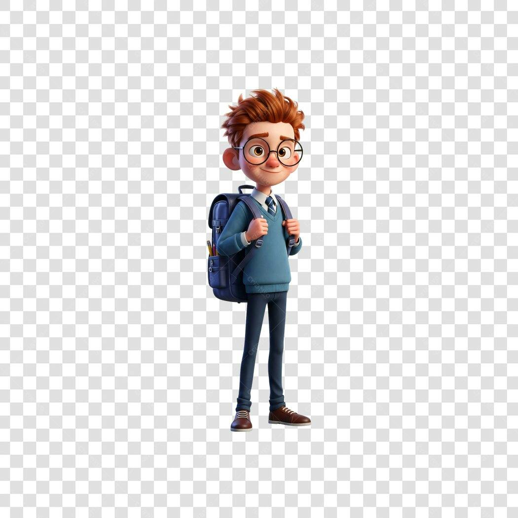 Ilustração 3D menino estudante ruivo de óculos mochila azul PNG com fundo transparente