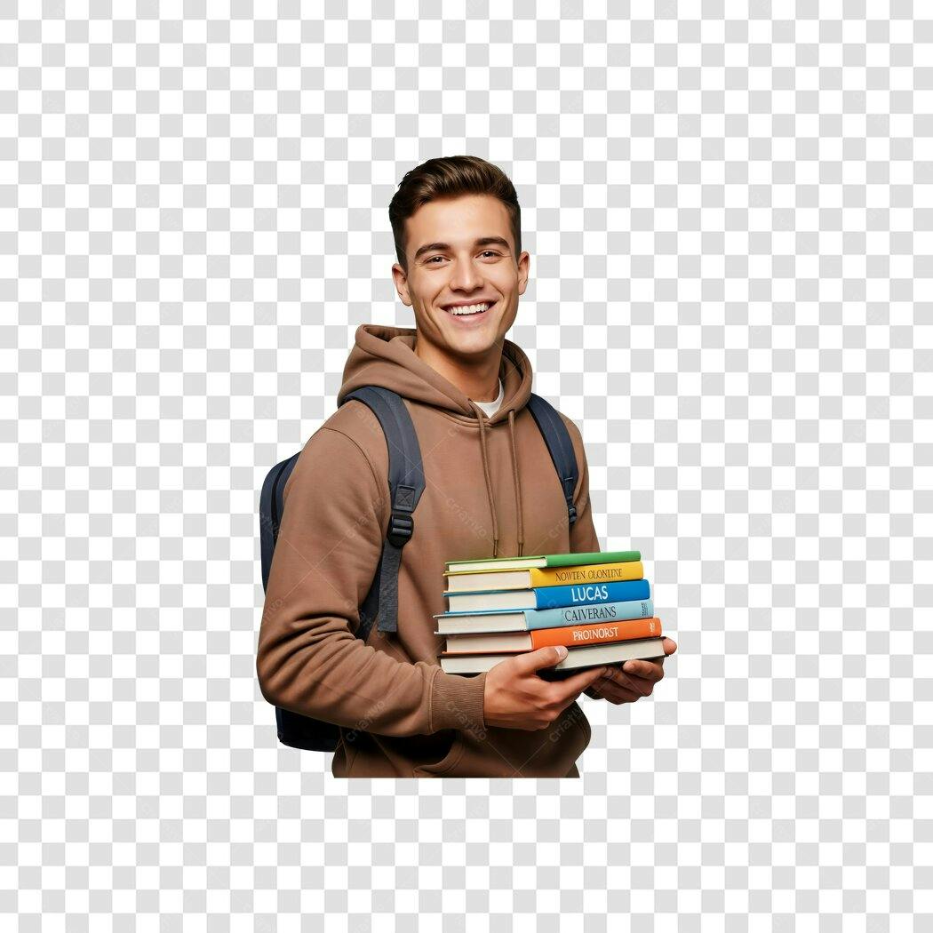 Imagem para marketing universitário jovem estudante masculino moletom livros PNG com fundo transparente