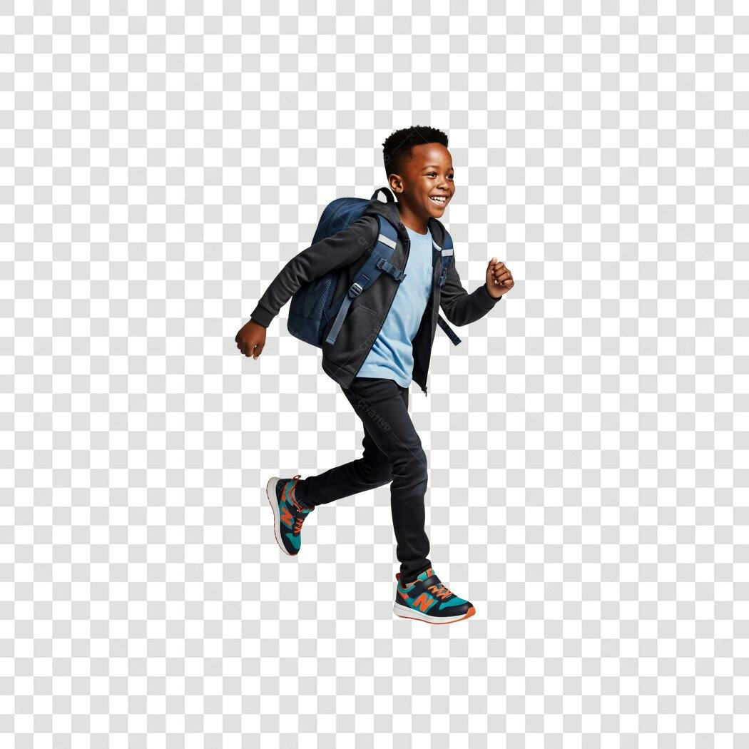 Elemento Gráfico Menino Afro-americano Feliz Correndo Mochila Escolar PNG com fundo transparente