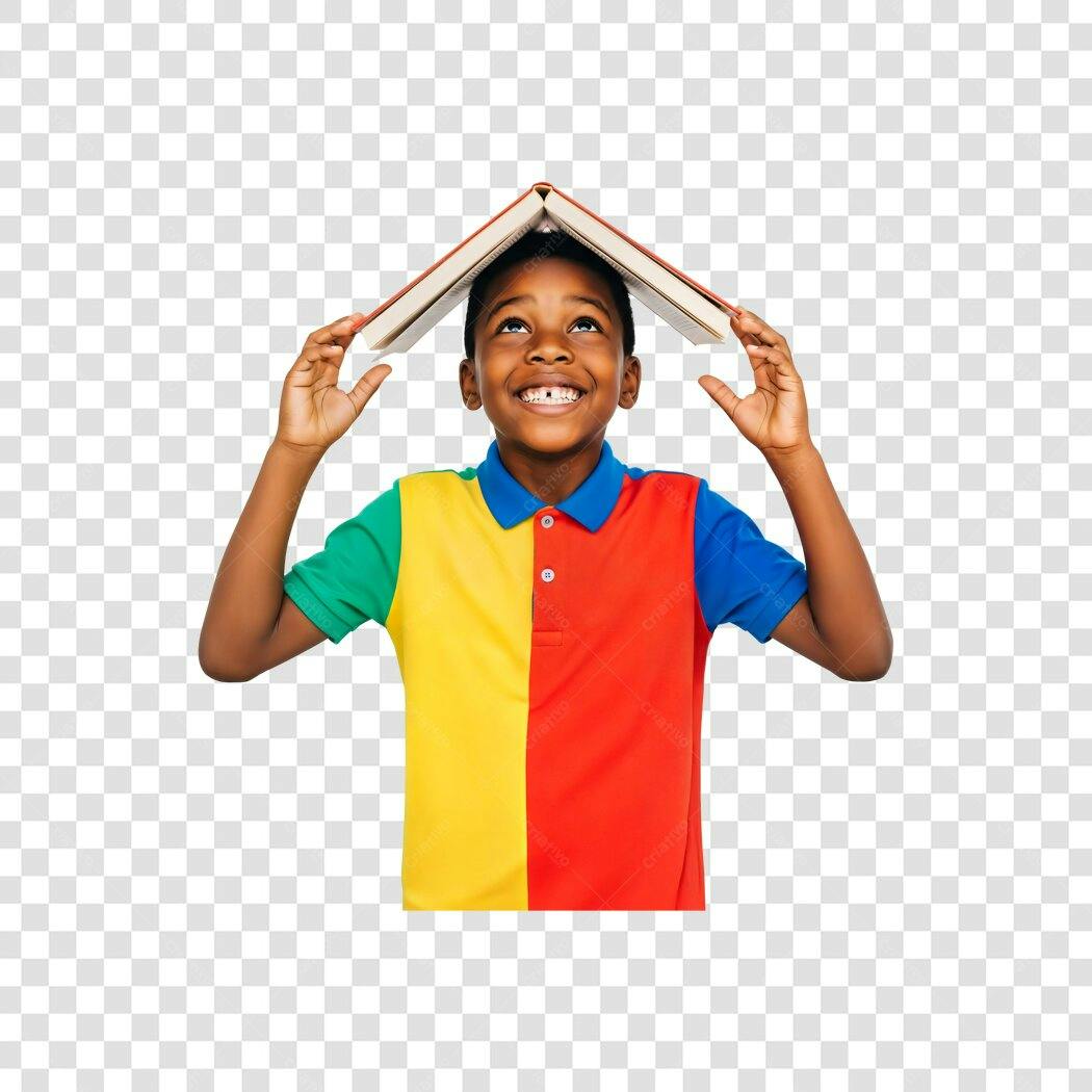 Foto Menino Negro Feliz Livro na Cabeça Camisa Colorida Educação PNG com fundo transparente