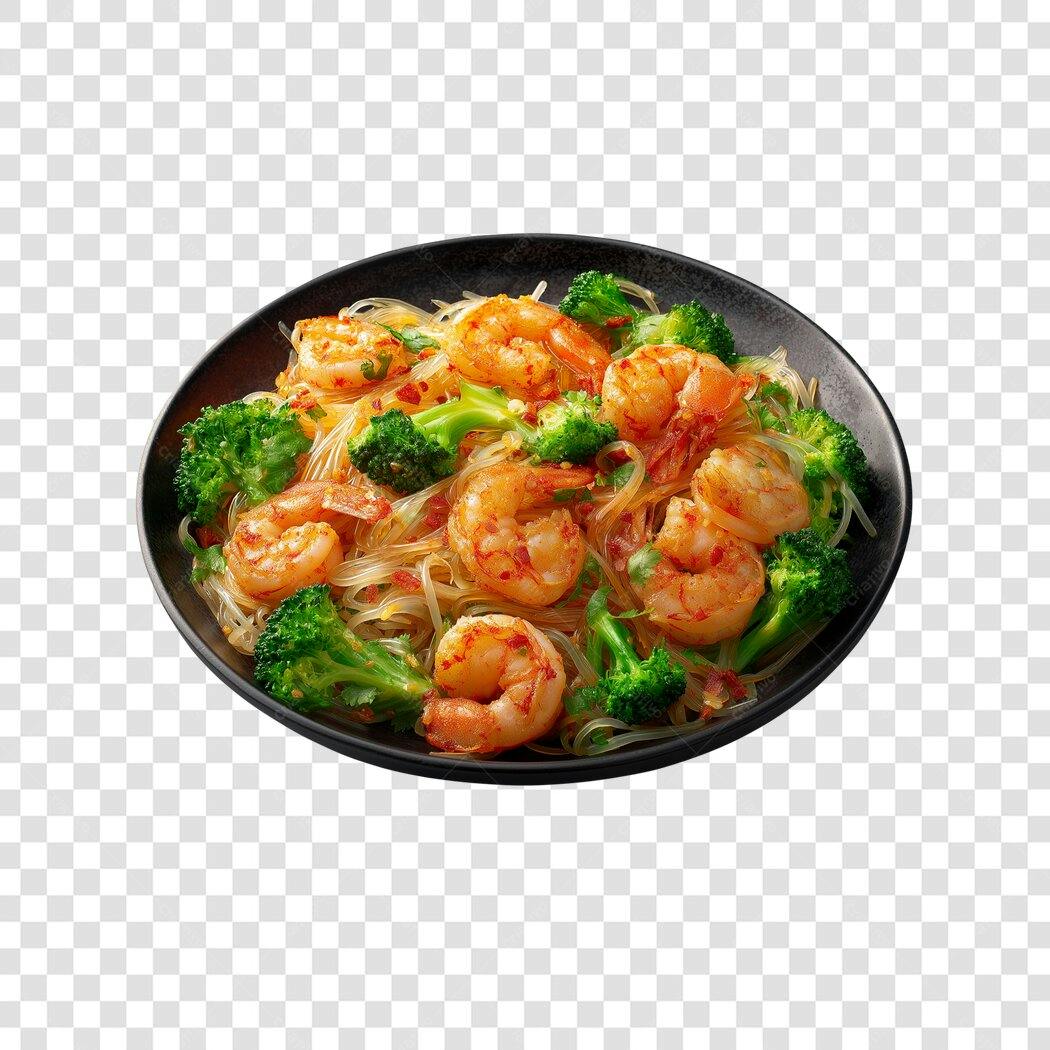 Imagem Prato Oriental Camarão Brócolis Macarrão PNG com fundo transparente