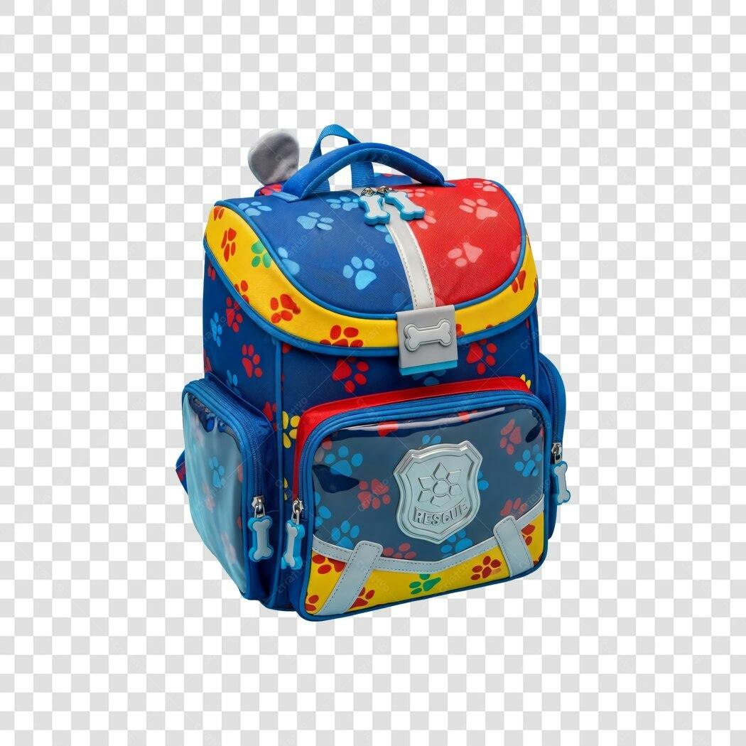 Mochila Escolar Infantil Patas de Cachorro Resgate Azul Vermelho Amarelo PNG com fundo transparente