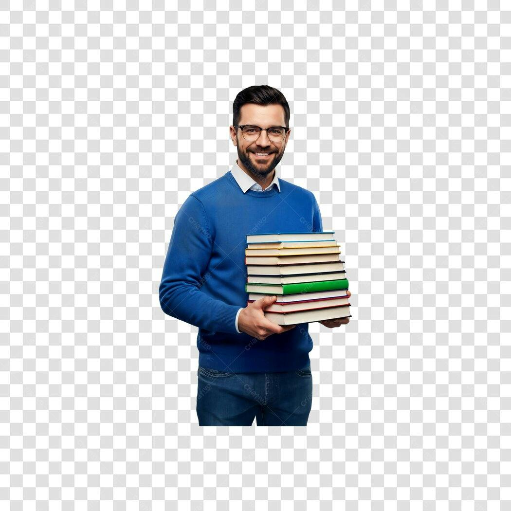 Imagem Educação Professor Homem Óculos Livros Coloridos Suéter Azul PNG com fundo transparente