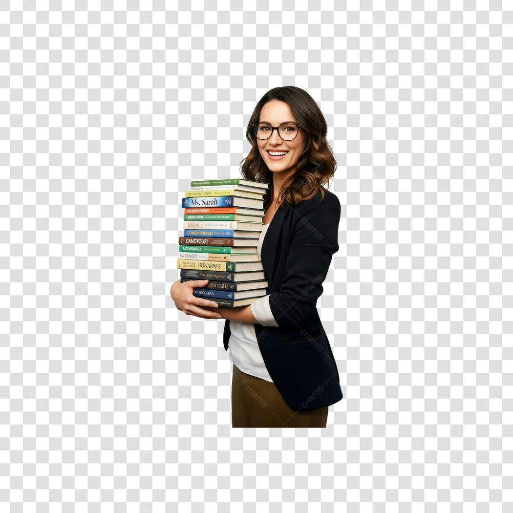 Imagem Mulher Sorrindo Professora Estudante Livros Óculos PNG com fundo transparente