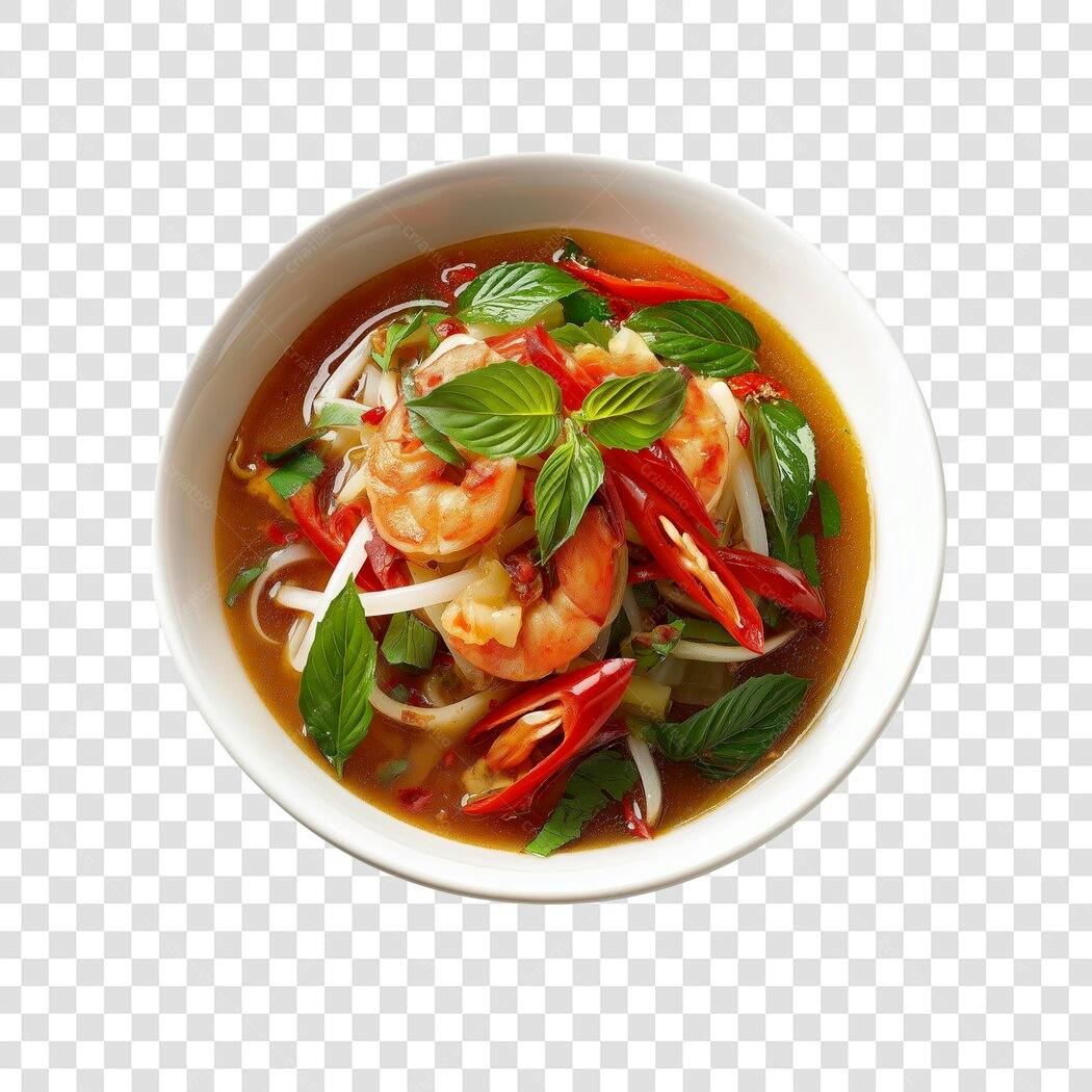 Sopa Tailandesa de Camarão Picante Macarrão Manjericão PNG fundo transparente