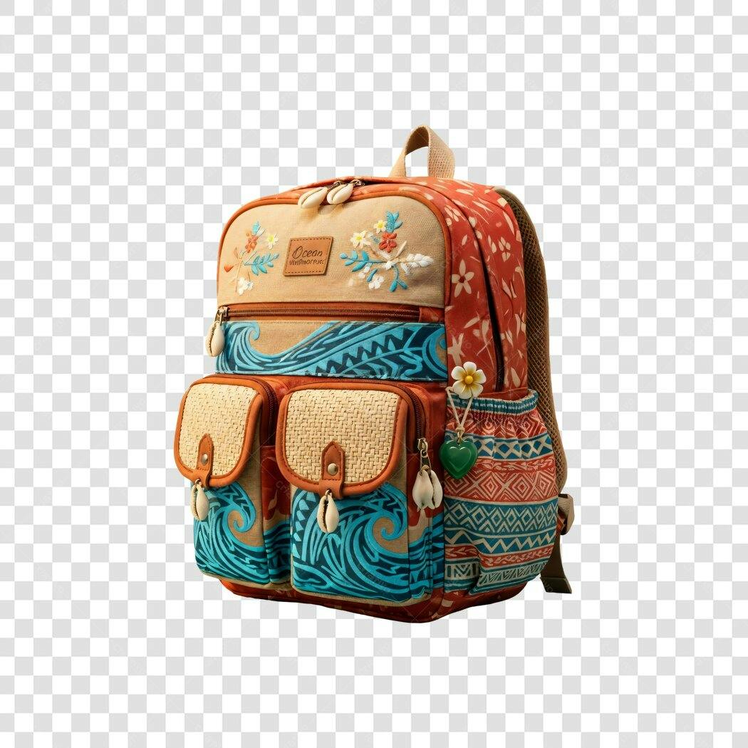 Mochila estilo praia tropical verão feminina laranja azul com fundo transparente PNG
