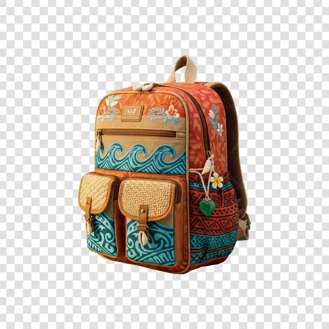 Mochila estilo havaiano tropical laranja azul marrom PNG com fundo transparente