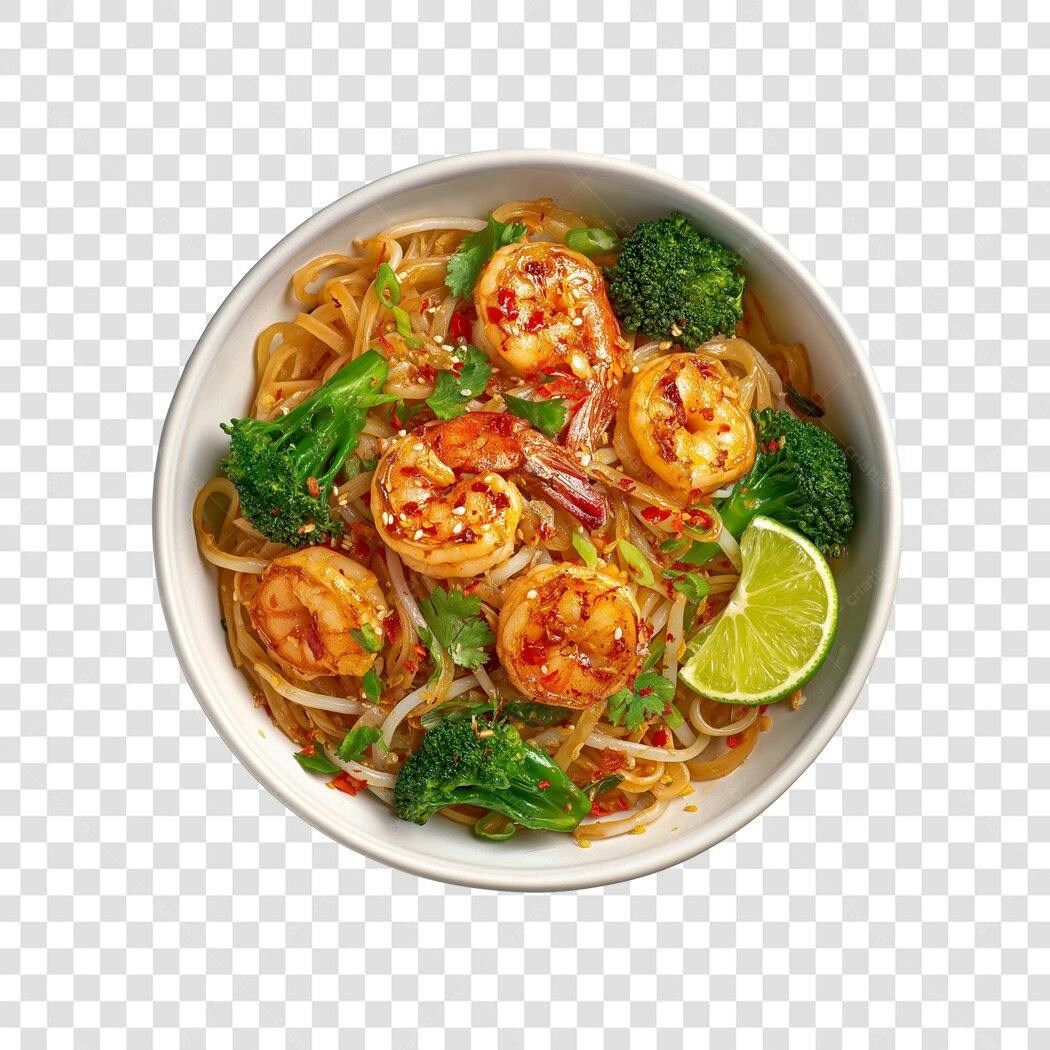 Imagem de Comida Noodles Asiáticos com Camarão Brócolis e Limão PNG com fundo transparente