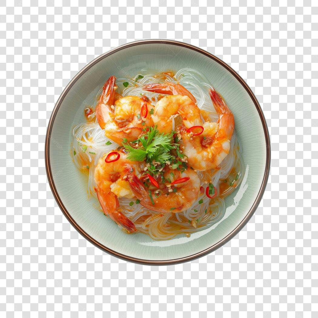 Comida Asiática Camarão com Noodles Pimenta Tigela Verde PNG com fundo transparente