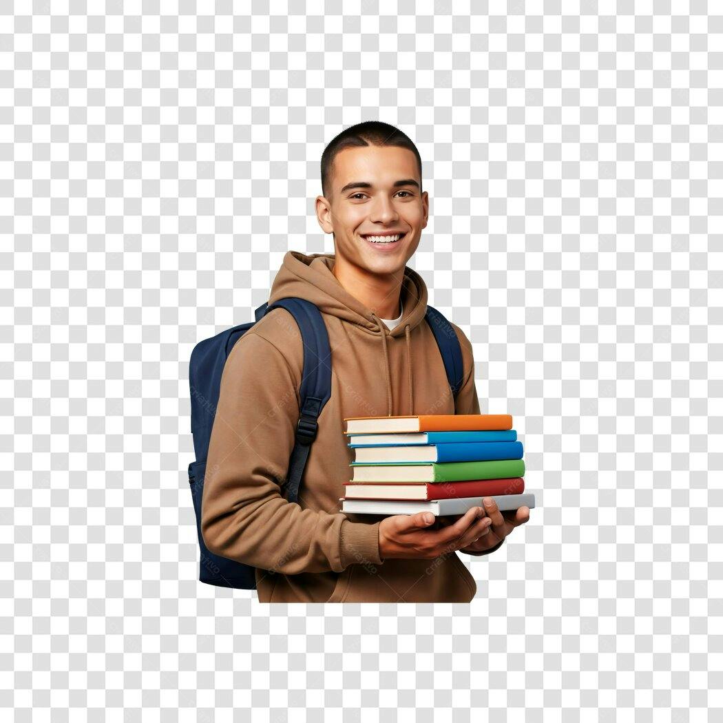 Estudante feliz jovem com livros coloridos mochila PNG fundo transparente para educação
