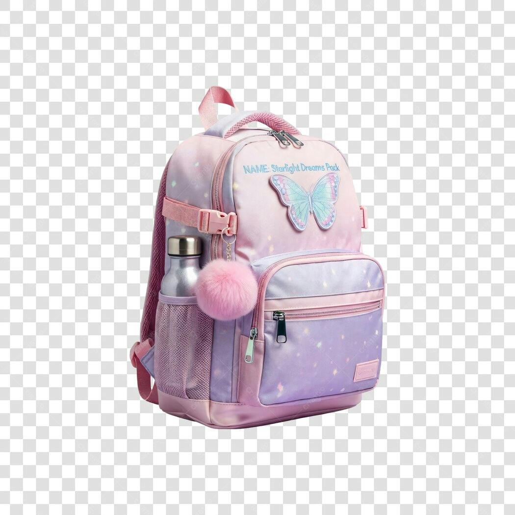 Mochila escolar infantil rosa e roxa borboleta PNG com fundo transparente