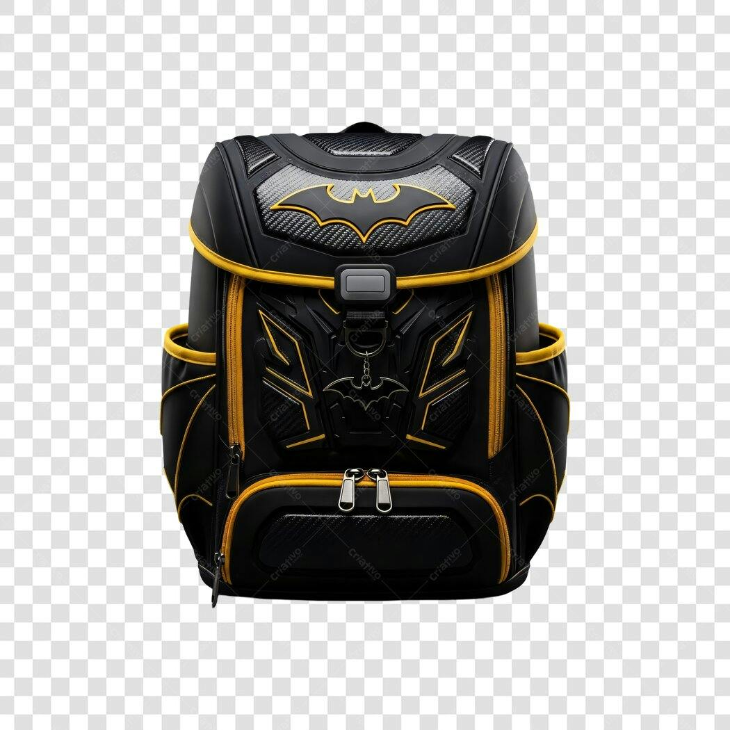 Mochila Batman escolar preta e amarela PNG com fundo transparente