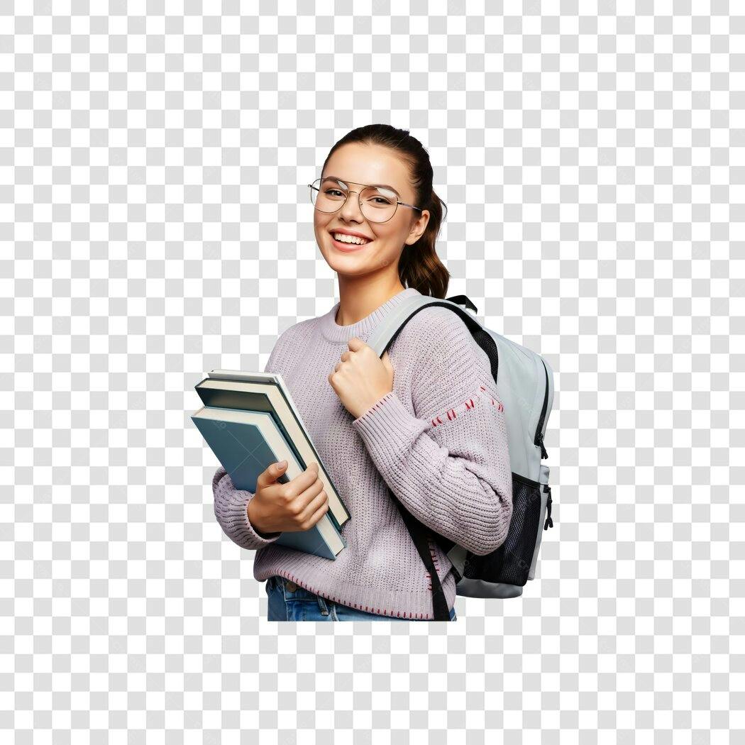 Foto de Estudante Feliz Mulher Óculos Livros Mochila Roxo PNG com fundo transparente