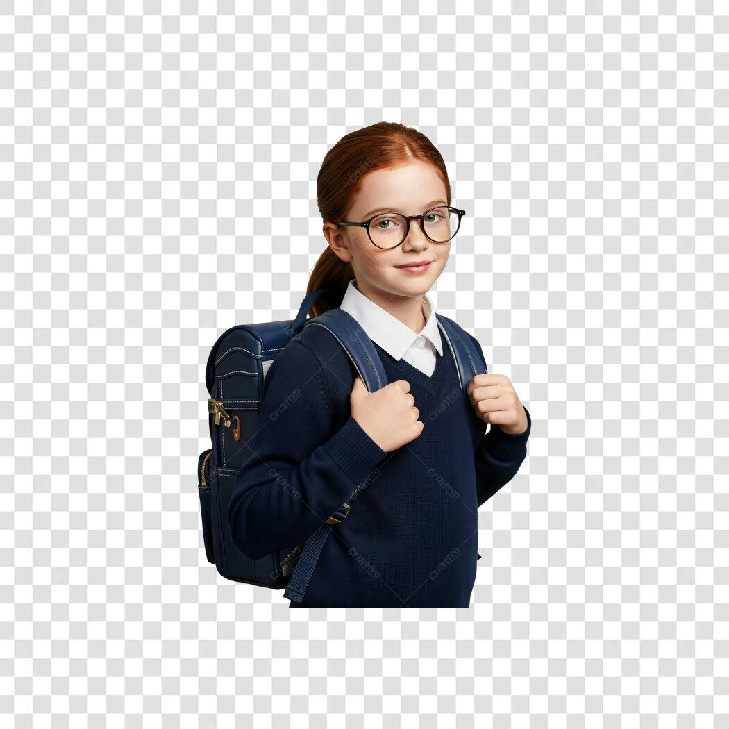 Foto Estudante Menina Ruiva Óculos Mochila Azul Uniforme Escolar PNG com fundo transparente