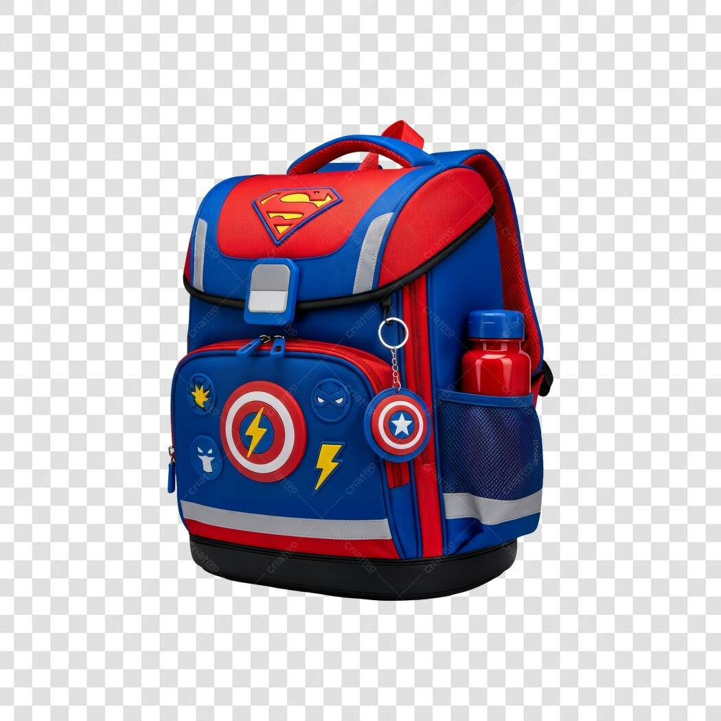 Mochila Escolar Infantil Super-Heróis Azul Vermelho Volta Aulas PNG com fundo transparente
