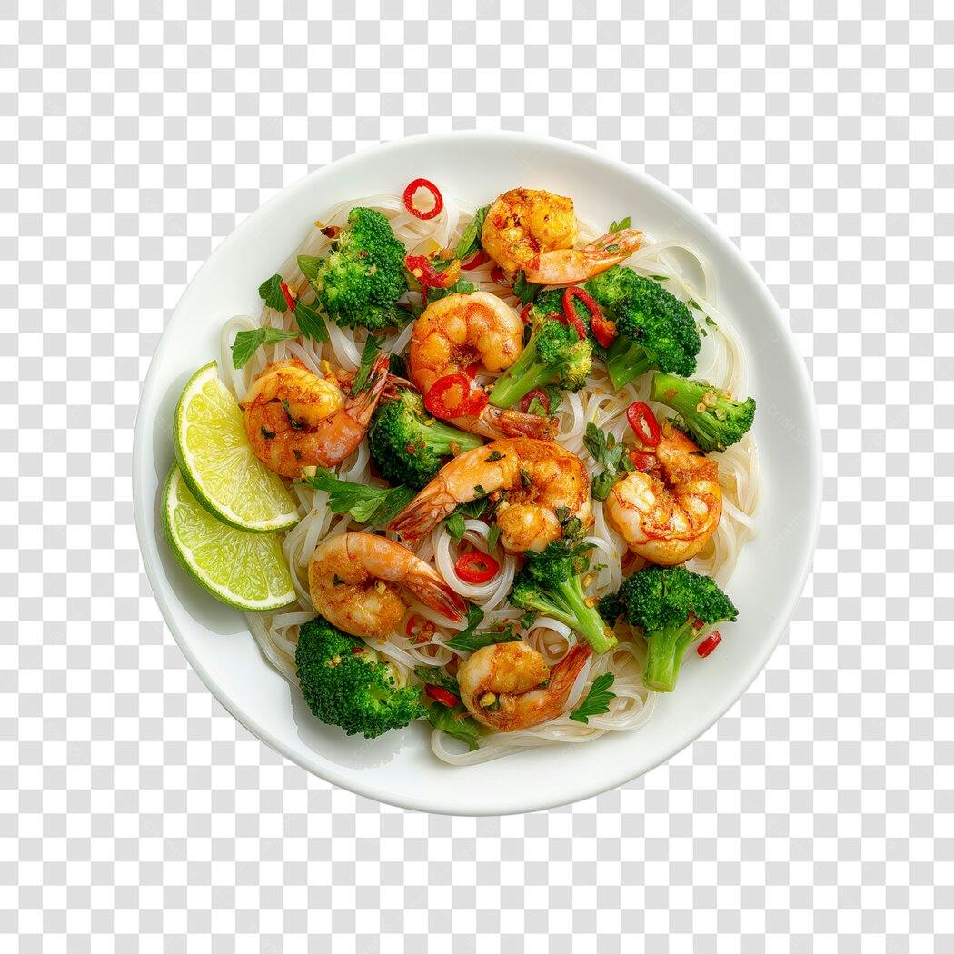 Prato de Comida Asiática Camarão Brócolis Macarrão Limão PNG com fundo transparente