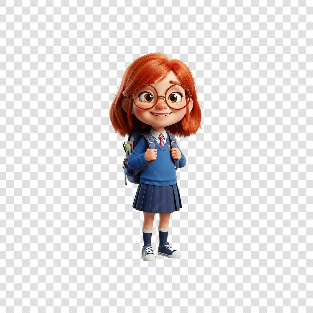 Personagem Menina Estudante Ruiva Oculos Uniforme Azul Mochila PNG com fundo transparente