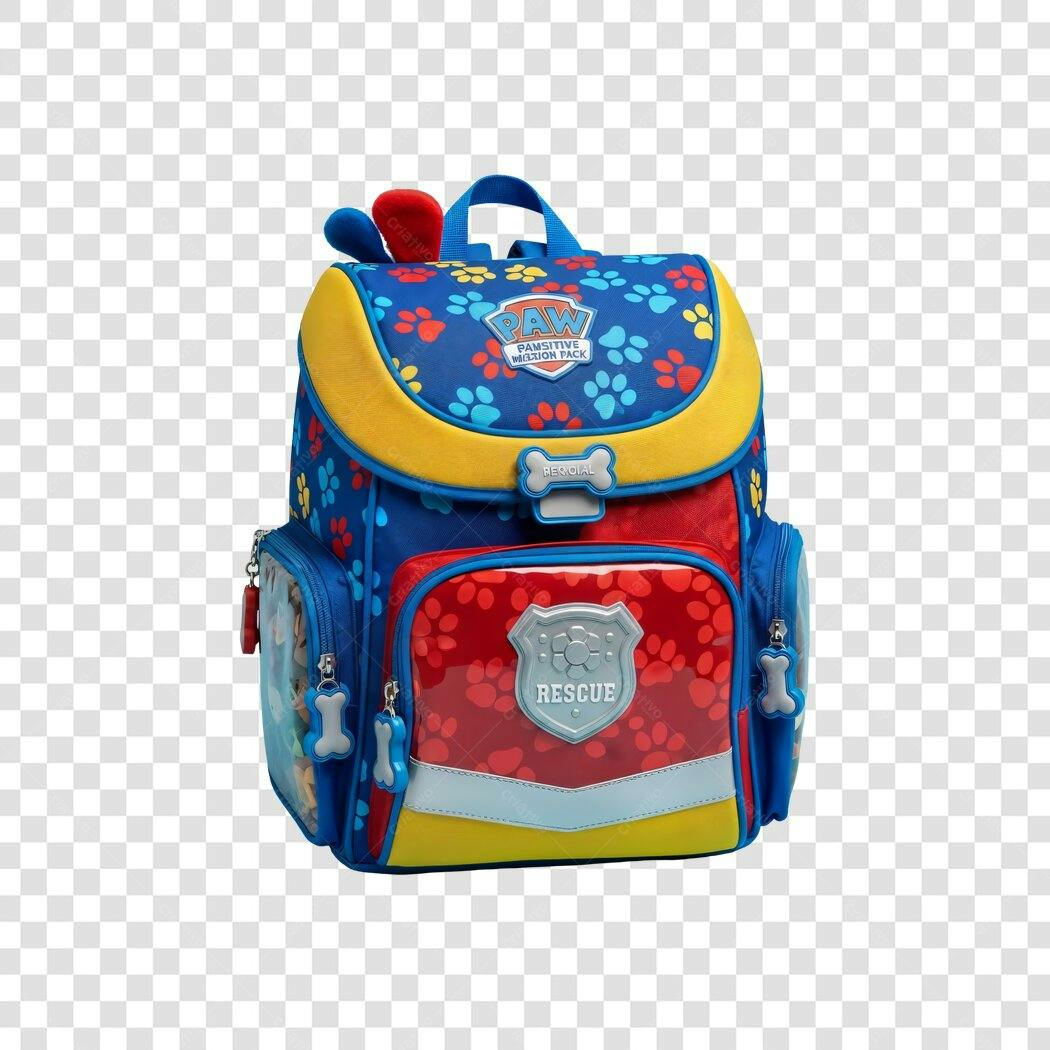 Mochila Escolar Infantil Patrulha Canina Azul Vermelha Amarela PNG com fundo transparente