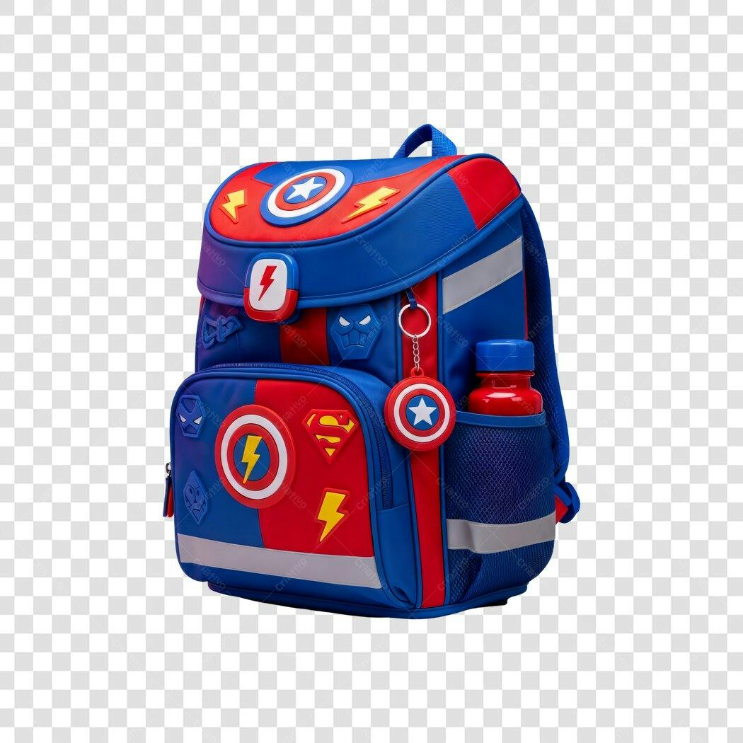 Mochila Escolar Infantil Super-Heróis Azul Vermelha PNG com fundo transparente