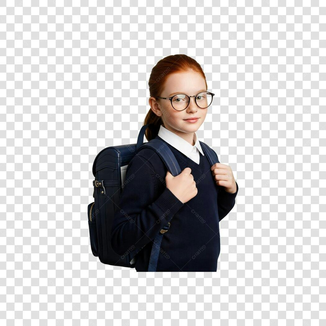 Imagem de Aluna Menina Ruiva com Óculos e Mochila Azul PNG com fundo transparente