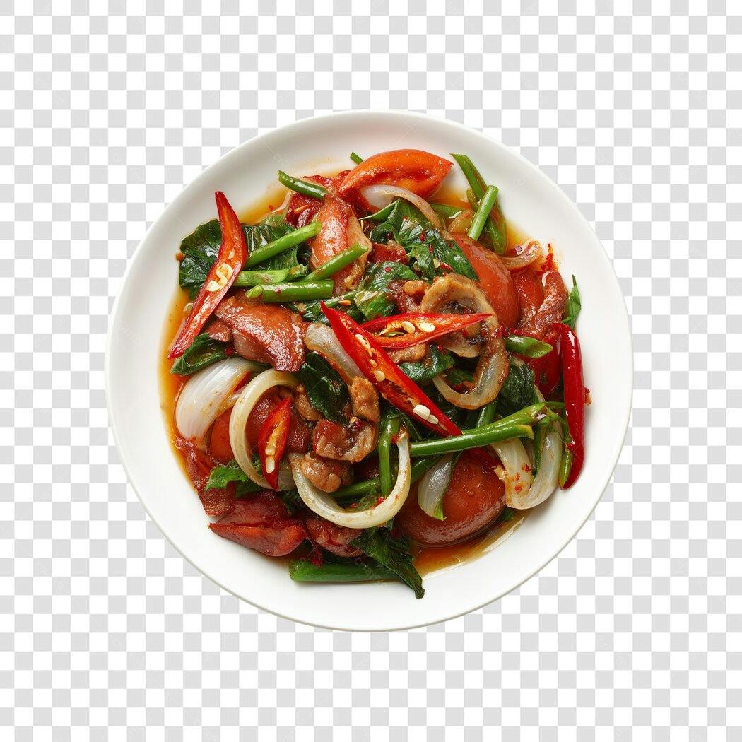 Prato de Comida Tailandesa Refogada Picante Pimentão Cebola Vagem Carne PNG com fundo transparente