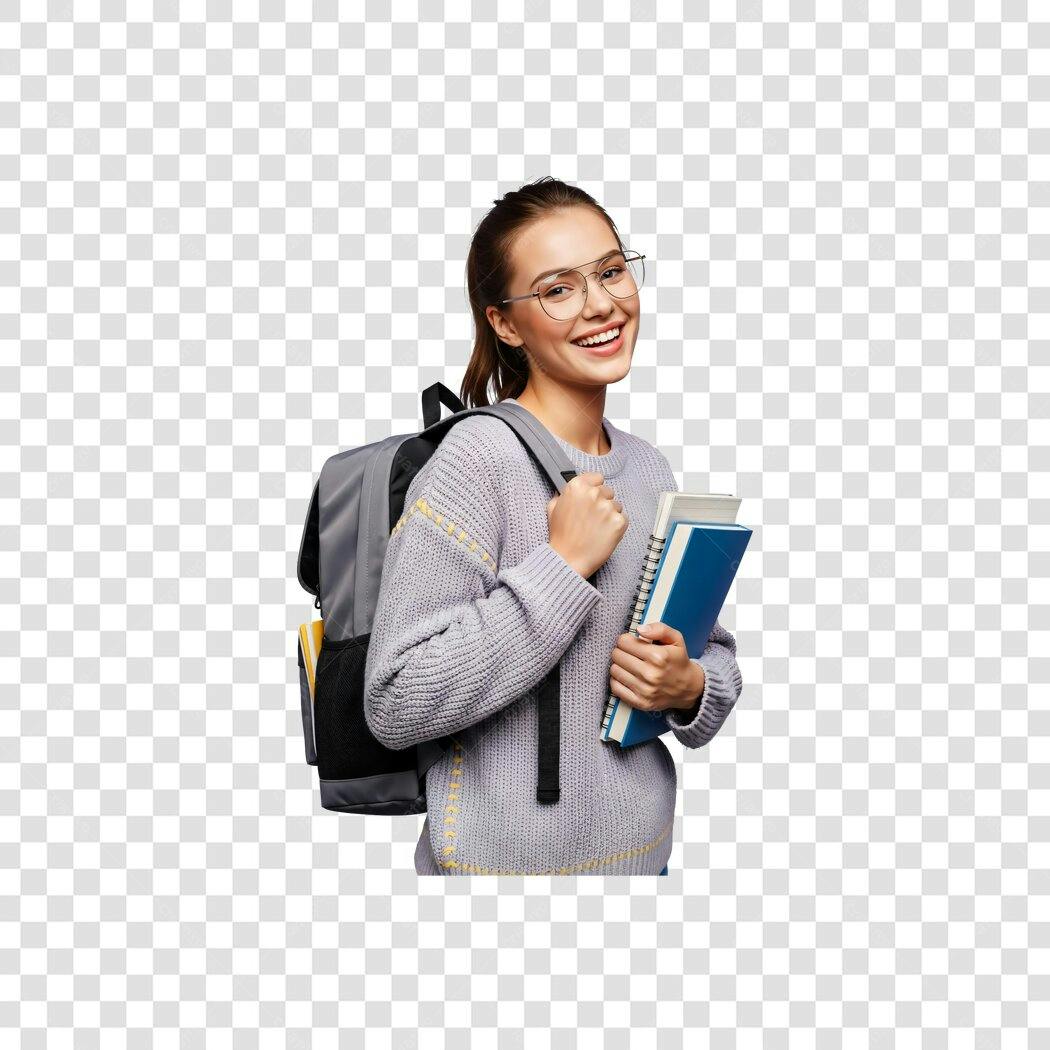 Imagem Estudante Universitária Sorrindo Mochila Roxo Livros PNG com fundo transparente