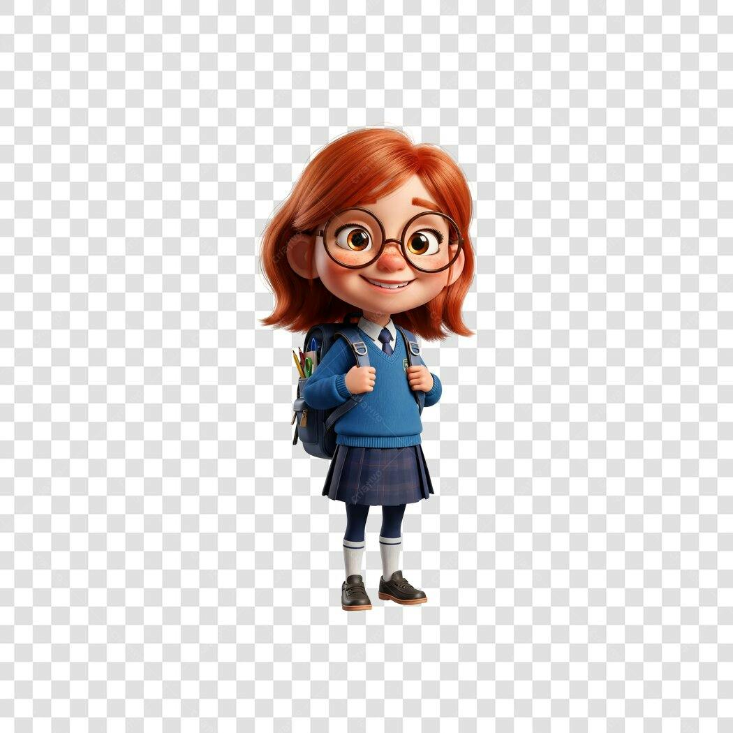 Ilustração 3D Menina Estudante Ruiva Alegre Uniforme Azul Mochila PNG com fundo transparente