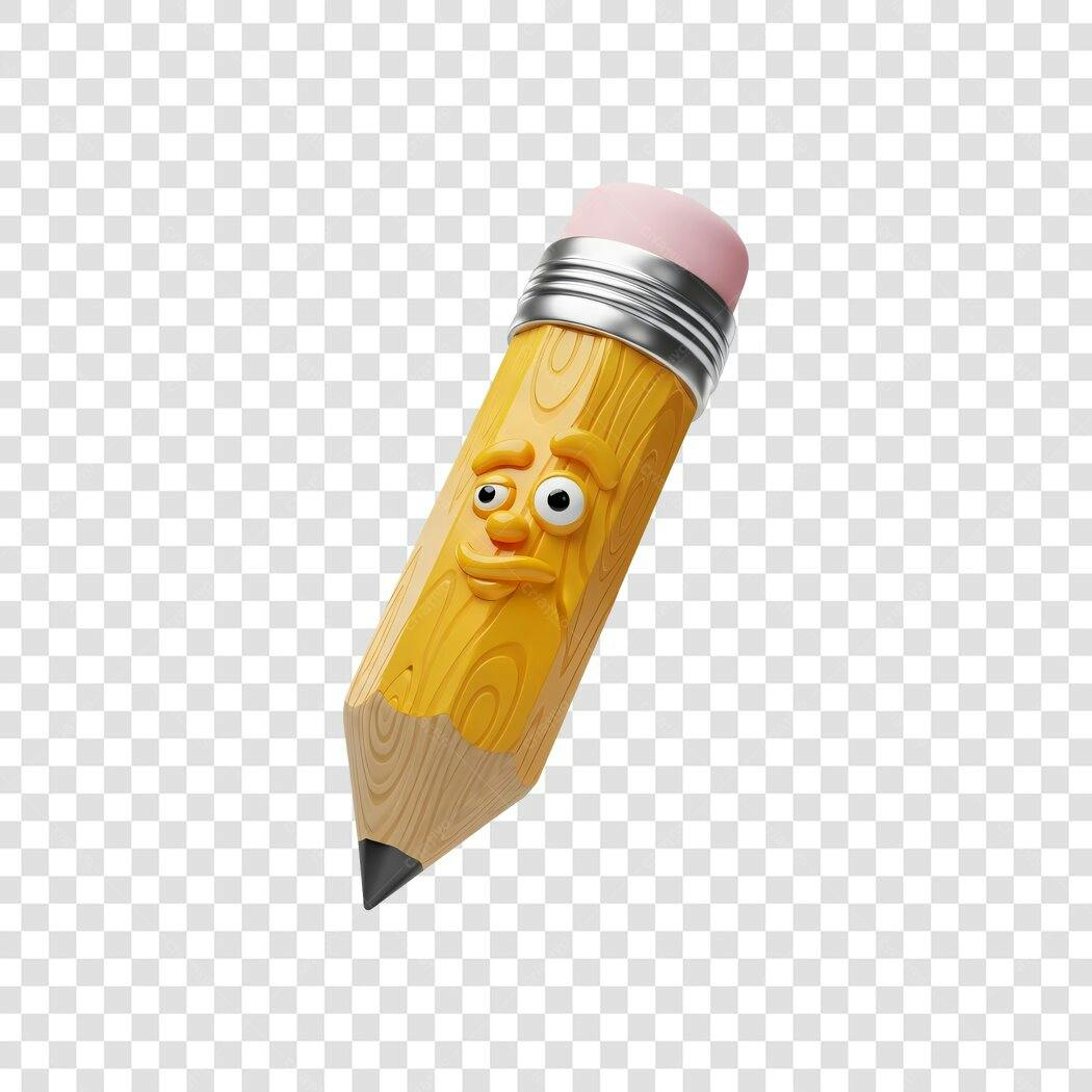 Ícone 3D Lápis Amarelo com Rosto Pensativo PNG com fundo transparente