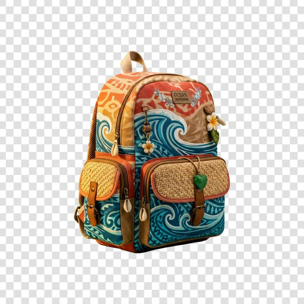Mochila de Aventura Estampa Ondas Mar Flores Tropicais PNG com fundo transparente