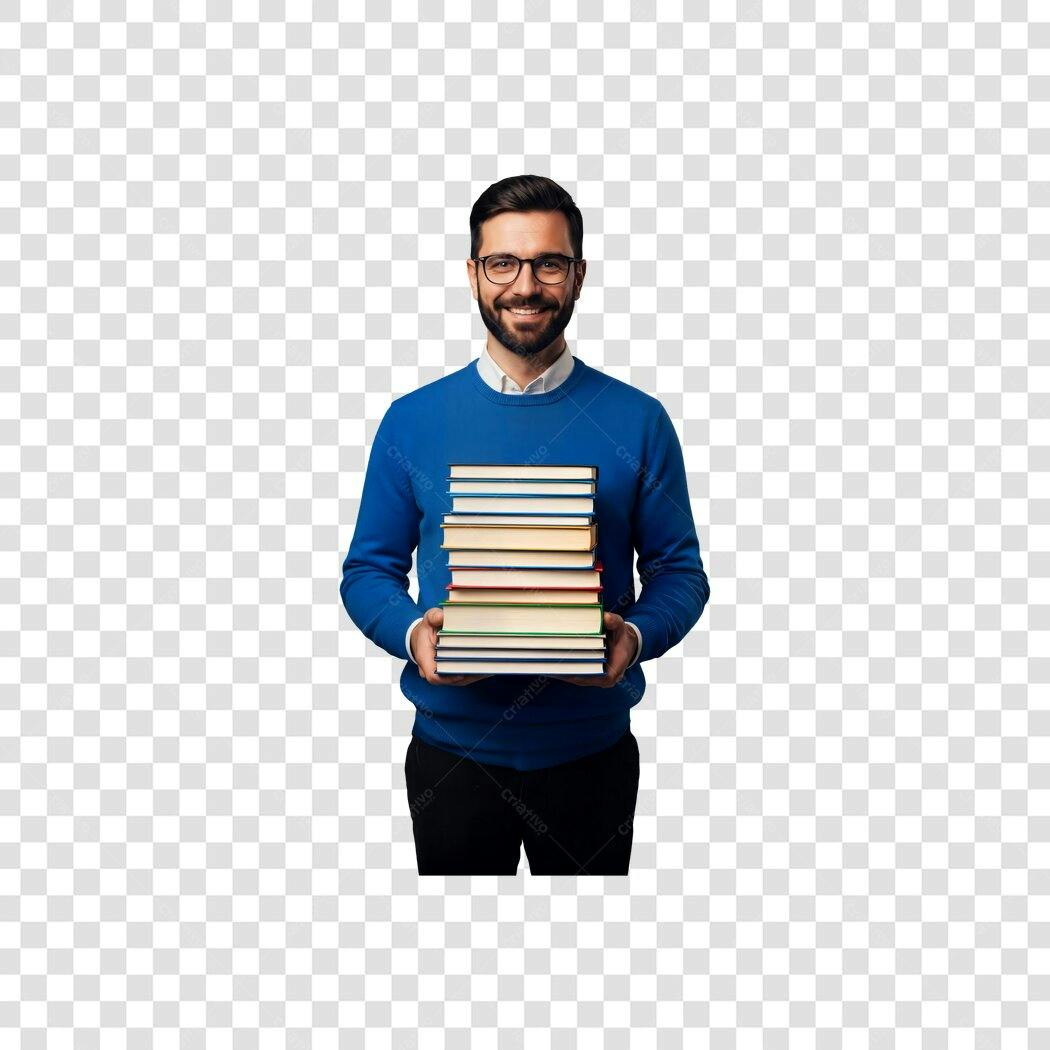 Recurso para educação homem barbudo com óculos e suéter azul segurando livros PNG com fundo transparente