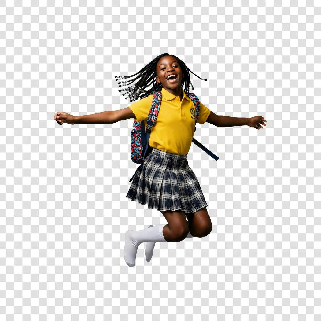 Recorte de Criança Negra Estudante Feliz Pulando Volta Aulas Amarelo PNG com fundo transparente