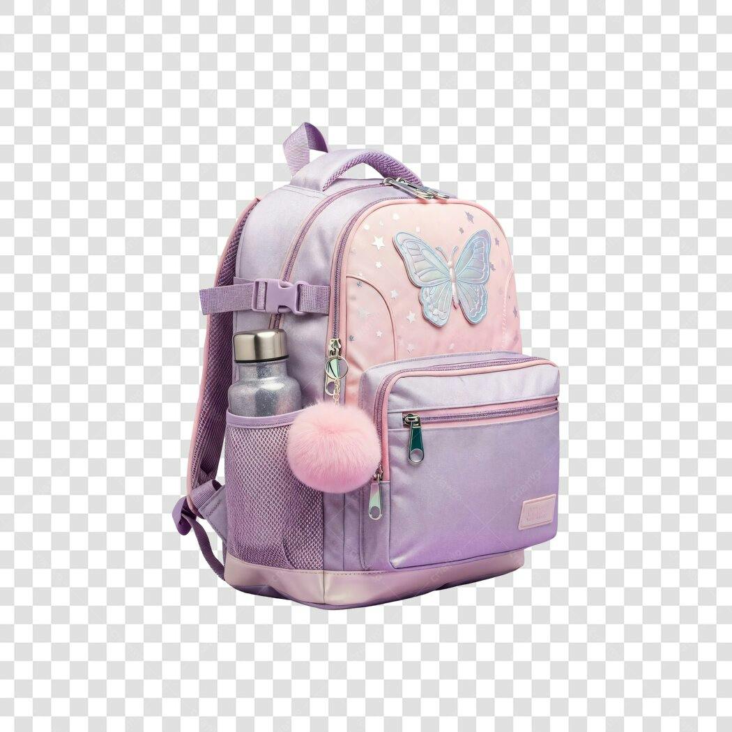 Mochila escolar infantil rosa roxa borboleta brilhante PNG com fundo transparente