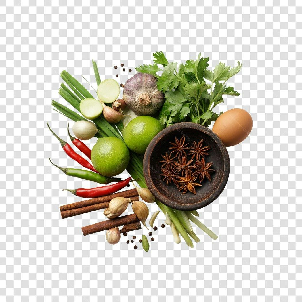 Ingredientes Culinários Asiáticos Frescos e Especiarias PNG com fundo transparente