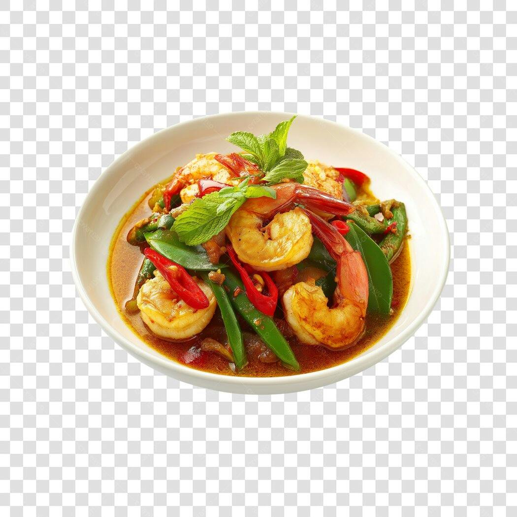 Prato de Camarão Picante com Vagem e Pimenta PNG com fundo transparente