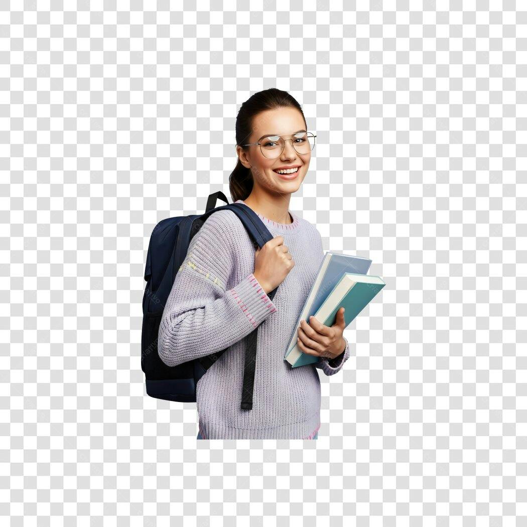Recorte de Estudante Universitária Sorrindo com Livros e Mochila PNG com fundo transparente