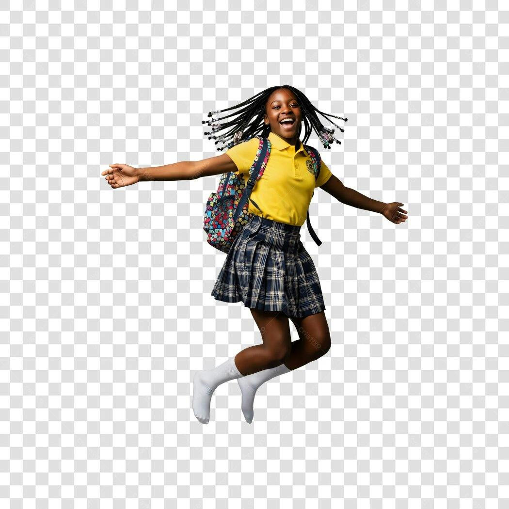 Post Social Media Menina Negra Estudante Feliz Pulando Volta às Aulas PNG com fundo transparente