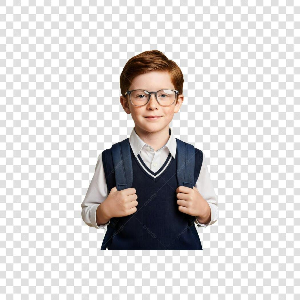 Imagem Estudante Menino Ruivo Óculos Uniforme Mochila Azul Volta às Aulas PNG com fundo transparente