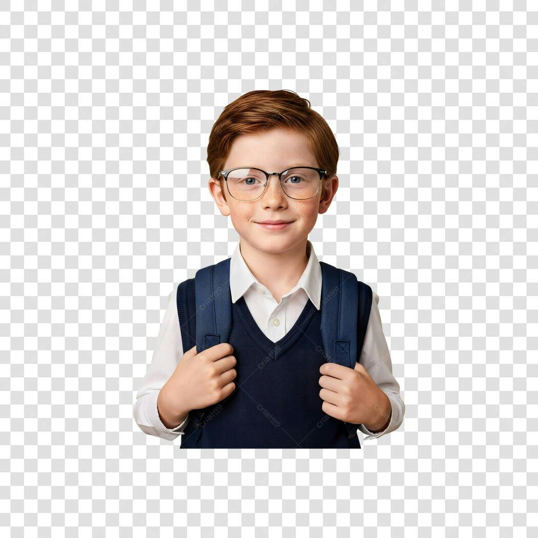 Imagem de Criança Estudante Menino Ruivo Óculos Mochila Azul Volta às Aulas PNG com fundo transparente