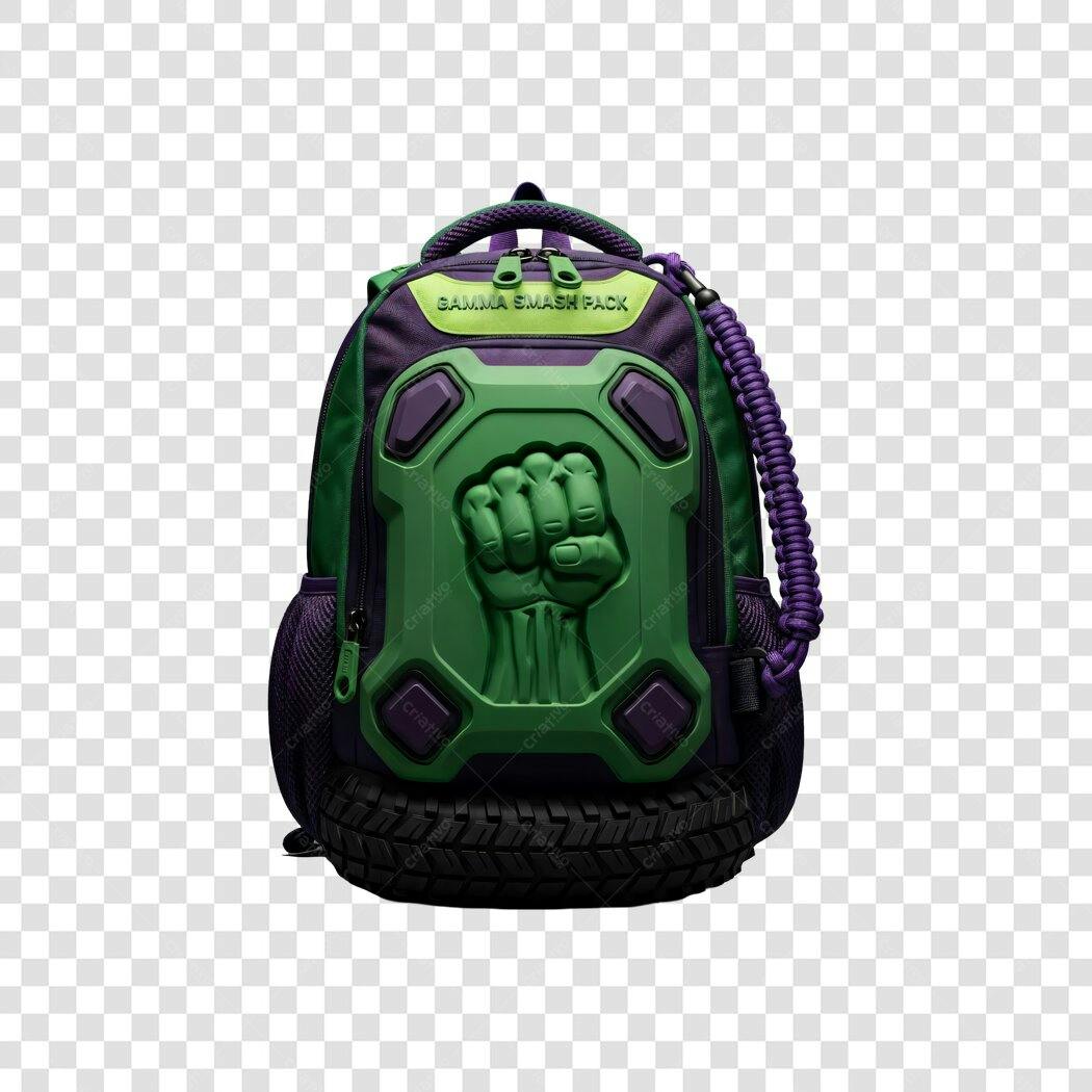 Mochila escolar infantil Gamma Smash Pack verde roxa PNG com fundo transparente