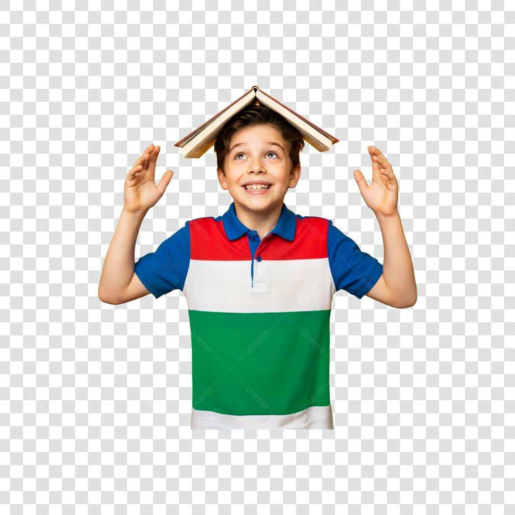 Foto Criança Estudante Feliz com Livro na Cabeça PNG com Fundo Transparente