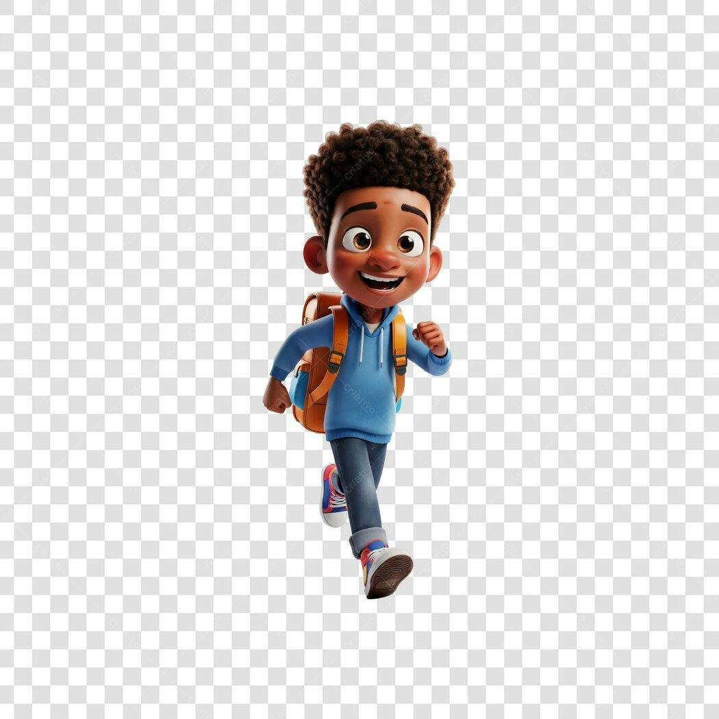 Personagem menino estudante negro correndo mochila azul PNG com fundo transparente