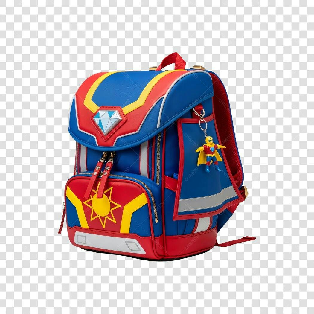 Mochila Escolar Infantil Super-Herói Azul Vermelha Amarela PNG com fundo transparente