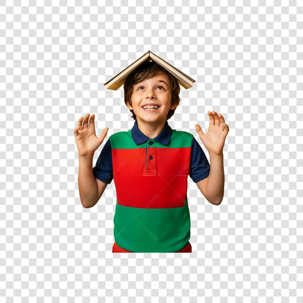 Criança Feliz Criativa com Livro na Cabeça Camisa Listrada Colorida PNG com fundo transparente
